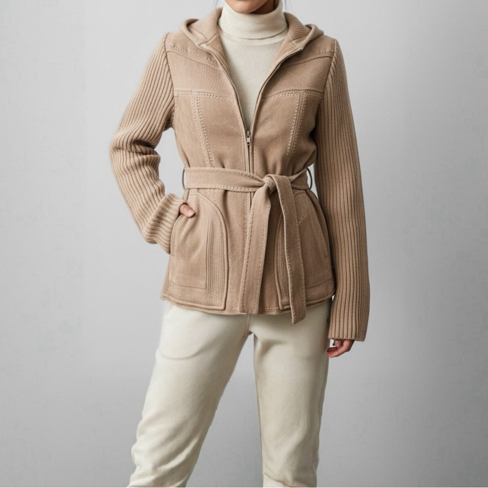 Vintage Suede Leather Hooded Jacket M Tan Boho Western Cabincore Equestrian Luxe